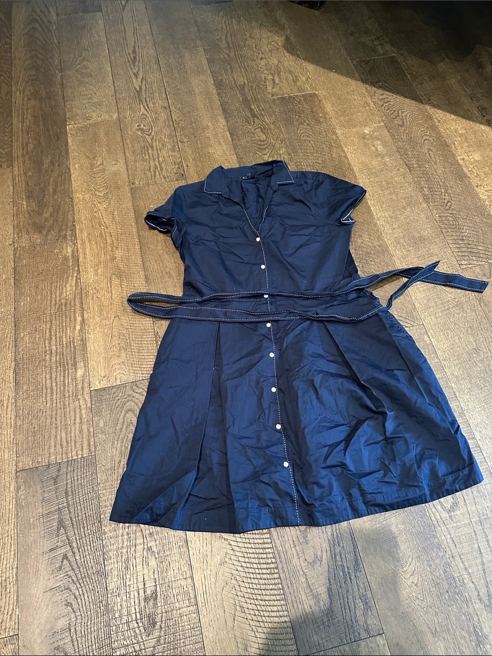Brooks Brothers Navy Button-Front Mini Shirt Dress with Waist Tie